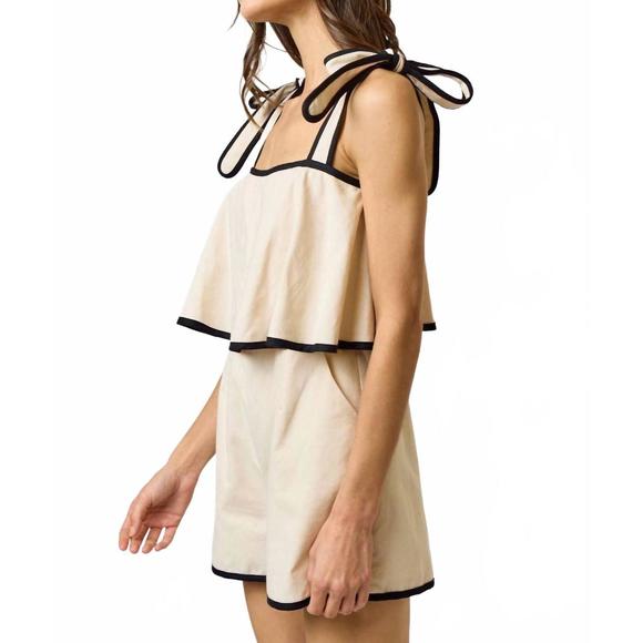 NEW LALAVON contrast trim romper in oatmeal/black - Picture 3 of 3